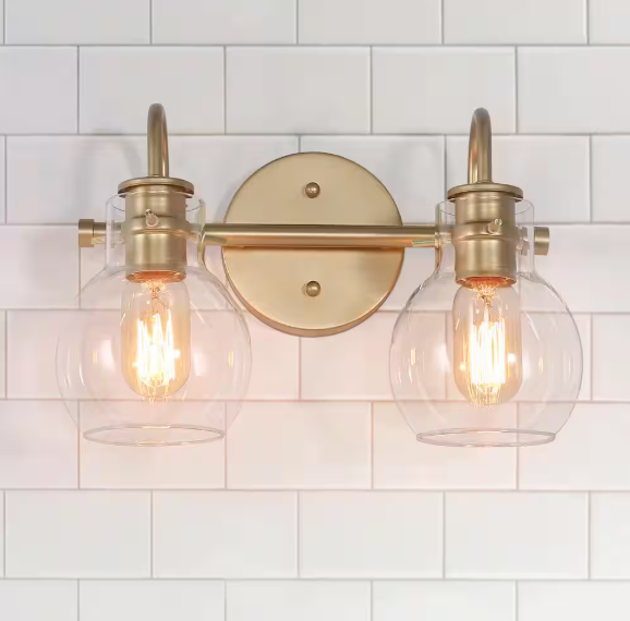 LNC Modern Light Gold Bathroom Vanity Light 13 in. W 2-Light Powder Room Wall Light with Globe Clear Glass Shades IREVZAHD14303U7