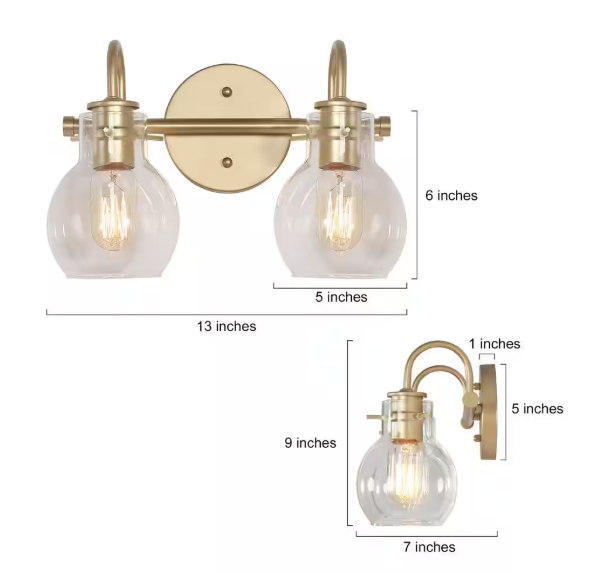 LNC Modern Light Gold Bathroom Vanity Light 13 in. W 2-Light Powder Room Wall Light with Globe Clear Glass Shades IREVZAHD14303U7