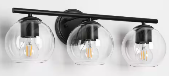 Uolfin Industrial Black Bathroom Vanity Light, 21.5 in. 3-Light Modern Transitional Globe Wall Sconce with Clear Glass Shades 0773I3HD23845QZ