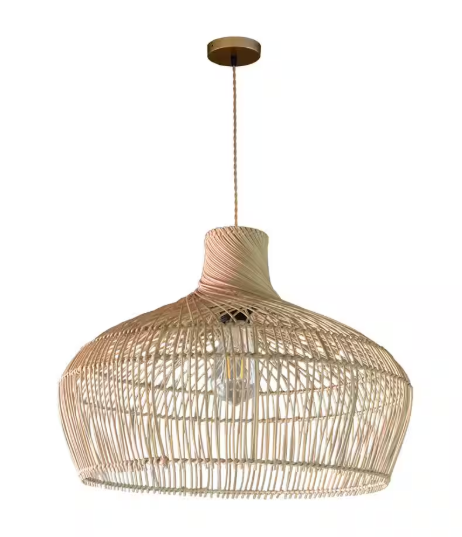 ELE Light & Decor Nelli 1-Light Natural Pendant Light Handmade Rattan Beige Shade in Brass Finish Coasta Kitchen Light HT-0003C
