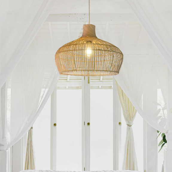 ELE Light & Decor Nelli 1-Light Natural Pendant Light Handmade Rattan Beige Shade in Brass Finish Coasta Kitchen Light HT-0003C