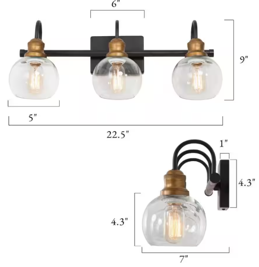LNC 22.5 in. 3-Light Modern Aged Brass and Black Bathroom Vanity Light with Clear Glass Globe Shades Bathroom Sconce IZMFUQHD1381237