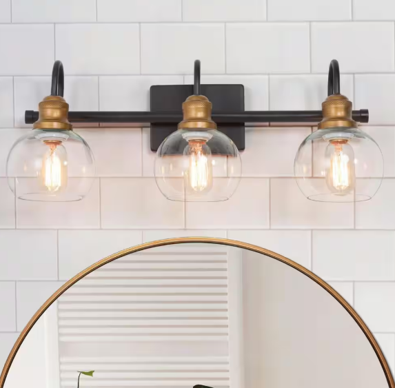 LNC 22.5 in. 3-Light Modern Aged Brass and Black Bathroom Vanity Light with Clear Glass Globe Shades Bathroom Sconce IZMFUQHD1381237