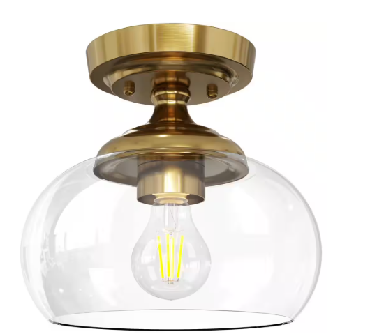 Merra 8.3 in. 1-Light Brushed Gold Industrial Semi-Flush Mount With Clear Glass Shade for Hallway Kitchen Bedroom Entryway HCF-15M6-GD-BNHD-1