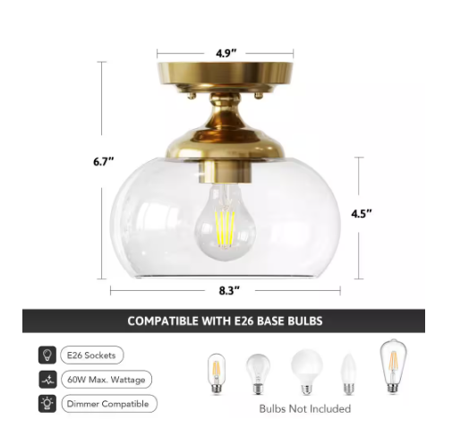 Merra 8.3 in. 1-Light Brushed Gold Industrial Semi-Flush Mount With Clear Glass Shade for Hallway Kitchen Bedroom Entryway HCF-15M6-GD-BNHD-1