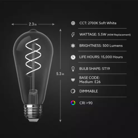 Feit Electric 40-Watt Equivalent ST19 Dimmable Double Spiral White Filament Clear E26 Vintage Edison LED Light Bulb, Soft White 2700K