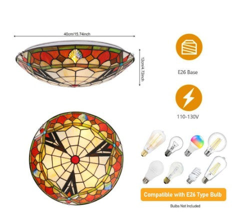 OUKANING 15.7 in. 3-Light Multicolored Mosaic Tiffany Flush Mount Ceiling Light with Stained Glass Shade and No Bulbs Included JZUCK5K9NSHCX