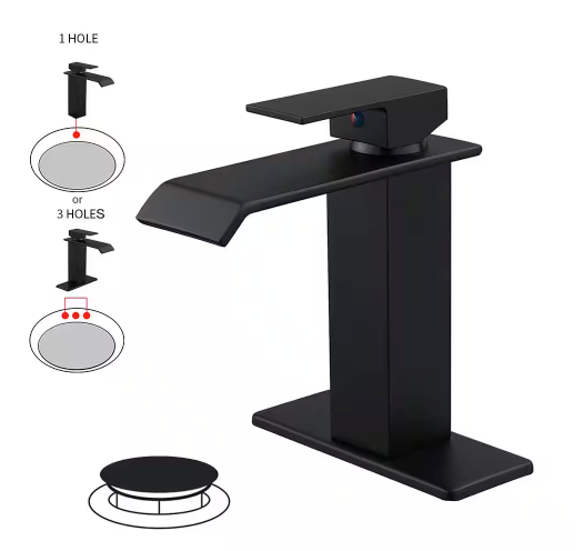 BWE Waterfall Single Hole Single-Handle Low-Arc Bathroom Faucet With Pop-up Drain Assembly in Matte Black A-96004-Black