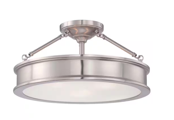Home Decorators Collection Grafton 15 In. 3-Light Modern Transitional Brushed Nickel Semi Flush Mount Ceiling Light with Frosted Glass 23955