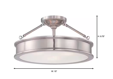 Home Decorators Collection Grafton 15 In. 3-Light Modern Transitional Brushed Nickel Semi Flush Mount Ceiling Light with Frosted Glass 23955