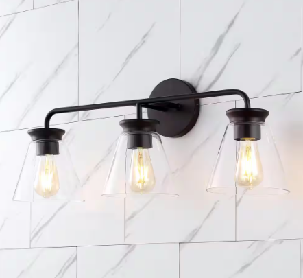 JONATHAN Y Kondo 27 in. 3-Light Oil Rubbed Bronze/Clear Modern Farmhouse Iron LED Vanity Light JYL9908A