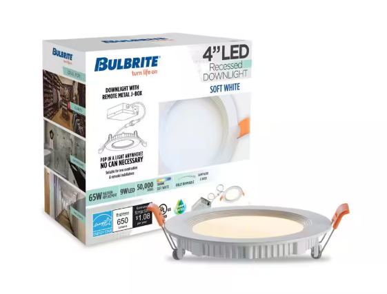 Bulbrite 4 in. Canless 3000K, 65-Watt Equivalent, White Round Dimmable Flat LED Recessed Downlight with J-Box Included 861667