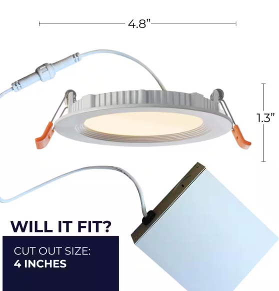 Bulbrite 4 in. Canless 3000K, 65-Watt Equivalent, White Round Dimmable Flat LED Recessed Downlight with J-Box Included 861667