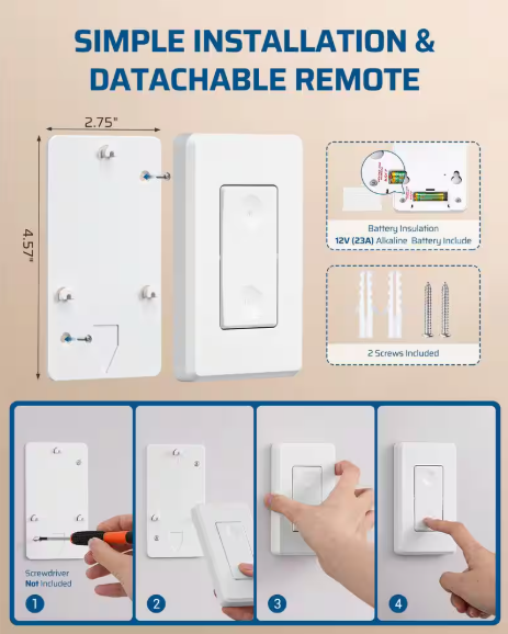 15 Amp High Power Wireless Remote Control No In-Wall Wiring Light 3-Way Switch Kit
