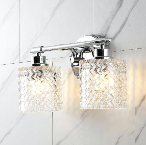 JONATHAN Y Spaulding Vintage 13 in. 2-Light Iron/Chevron Pattern Glass Farmhouse Cottage LED Chrome Vanity Light JYL3549A