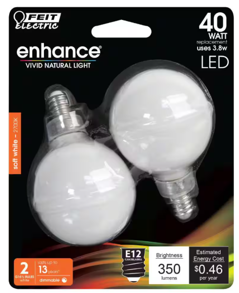 Feit Electric- 40-Watt Equivalent G16.5 Globe Dimmable Filament White E12 Candelabra LED Vintage Edison LIght Bulb, Soft White (2-Pack)