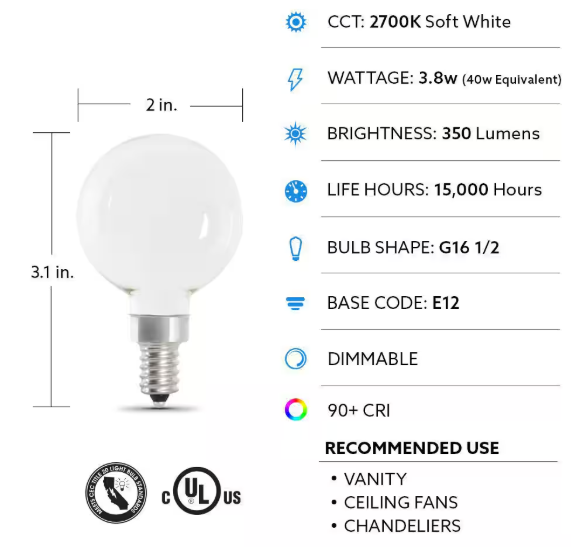 Feit Electric- 40-Watt Equivalent G16.5 Globe Dimmable Filament White E12 Candelabra LED Vintage Edison LIght Bulb, Soft White (2-Pack)