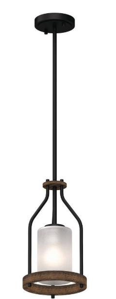 Volume Lighting Emery 1-Light Walnut & Black Indoor Mini Pendant with Frosted Glass Cylinder Shade (Shade has been replaced)