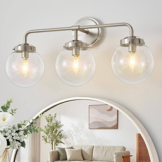 Deyidn Modern 22.44 in. 3-Light Nickel Bathroom Vanity Light with Clear Glass Shades, Suitable Bathrooms, Powder Rooms, etc. D1758-3N-T