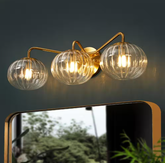 LNC Modern 23.6 in. 3-Light Plated Brass Vanity Light with Pumpkin Clear Glass Shades for Bathroom Vanity and Makeup Mirror LNFIBZQ5175X9C