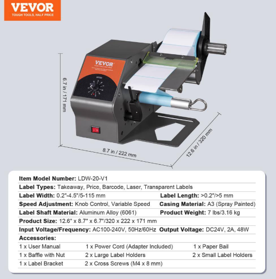 VEVOR Automatic Label Dispenser Width 0.2 in. - 4.5 in. Length 0.2 in. -Automatic Label Separator with Speed Adjustable WSZDTBFPJHSWJCP8CV1
