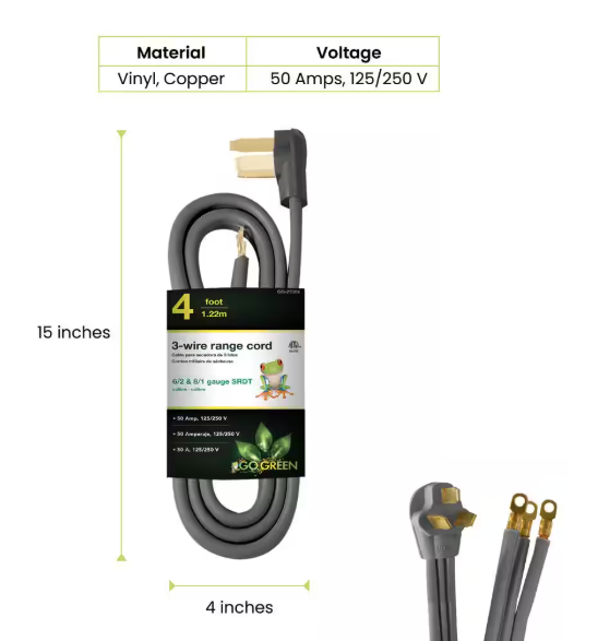 GoGreen Power 4 ft. 6/2 and 8/1 3-Wire Range Cord GG-27004