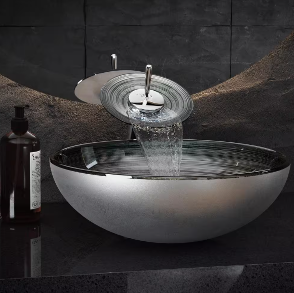 Swiss Madison- Cascade Vessel Sink in Smoky Grey with Faucet