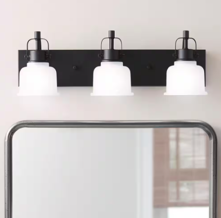 Home Decorators Collection Rockhill 24 in. 3-Light Industrial Matte Black LED Integrated Bathroom Vanity Light with Frosted Glass Shades 51779