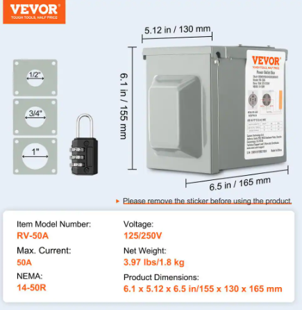 VEVOR RV Power Outlet Box Indoor/Outdoor 50 Amp 125-Volt/250-Volt Receptacle Panel NEMA 14-50R Single Outlet for RV Camper Car DGNRV50A1450RJD0NV0