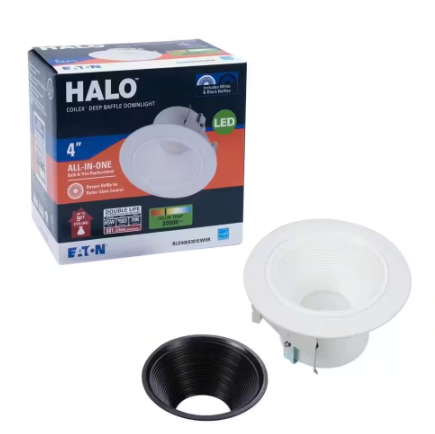 HALO RL 4 in. White Integrated LED Recessed Ceiling Light Retrofit Trim at 3000K Soft White, Deep Baffle for Low Glare RLD4069301EWHR