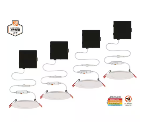Commercial Electric Ultra Slim Integrated LED 4 in Round Adj Color Temp Canless Recessed Light for Kitchen Bath Living rooms, White 4-Pack 91470