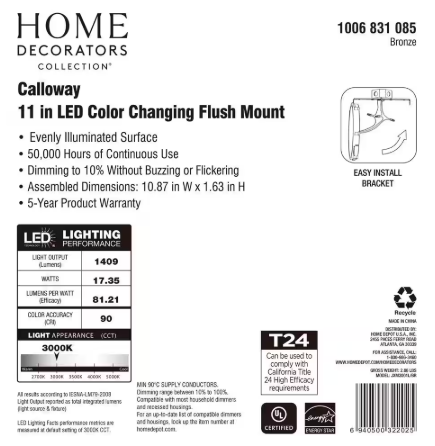Home Decorators Collection Calloway 11 in. Bronze Integrated LED 5CCT Flush Mount JXM3001L/BR