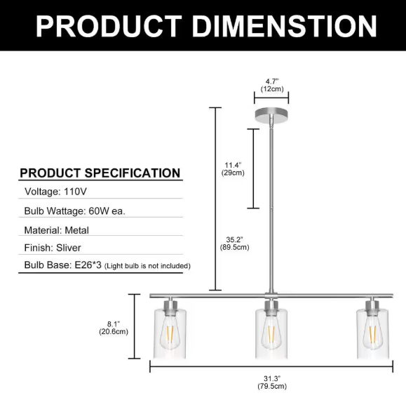 31.3 in. 3-Light Modern Brushed Nickel Linear Island Pendant Light with Clear Glass Shades, No Bulbs Included
