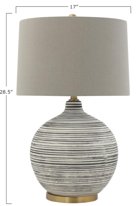 Textured Black & White Striped Ceramic Table Lamp with Grey Linen Shade