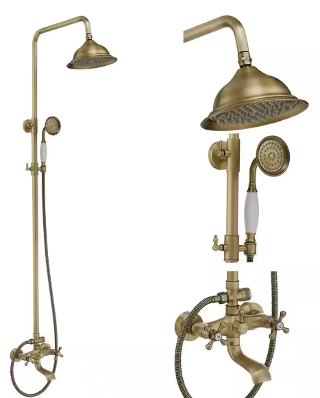 BWE 3-Spray Wall Bar Shower Kit Round Rain Shower Head with Tub Spout Hand Shower Brass Pipe 2 Cross Knobs in Antique A-98023-S-Anti