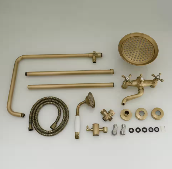 BWE 3-Spray Wall Bar Shower Kit Round Rain Shower Head with Tub Spout Hand Shower Brass Pipe 2 Cross Knobs in Antique A-98023-S-Anti