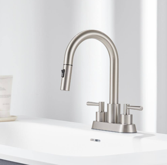 GAGALIFE 4 in. Centerset Double Handle High Arc Bathroom Sink Faucet with Pull Out Sprayer and Pop Up Drain in Brushed Nickel HWC-FX-CL-SB-N