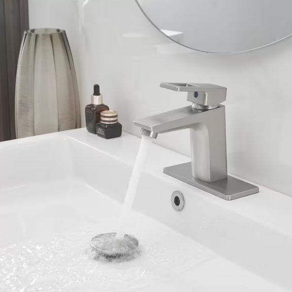 FLG Single Handle Single Hole Bathroom Faucet with Drain Kit and Deckplate Brass Sink Basin Vanity Taps in Brushed Nickel LE-0269-BN