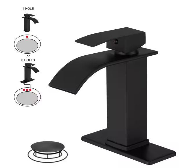 BWE Waterfall Single Handle Single Hole Low-Arc Bathroom Faucet Bathroom With Drain Assembly Vanity Faucet in Matte Black A-96021B-SS-2