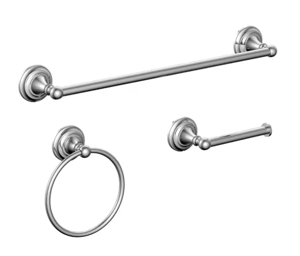 Glacier Bay Tennyson 3-Piece Bath Hardware Set with Towel Ring Toilet Paper Holder and 18 in. Towel Bar in Chrome BZ6Z1300CP