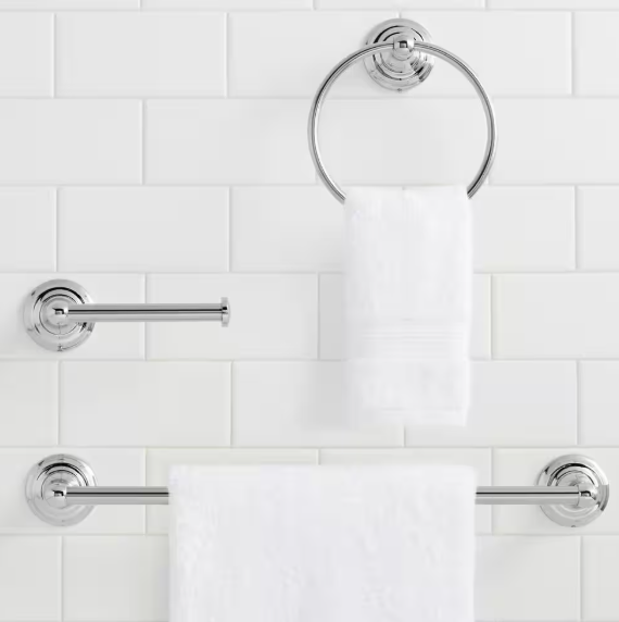 Glacier Bay Tennyson 3-Piece Bath Hardware Set with Towel Ring Toilet Paper Holder and 18 in. Towel Bar in Chrome BZ6Z1300CP