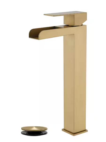 Unbranded Waterfall Single Handle Vessel Sink Faucet with Pop-Up Drain, Tall Single Hole Bathroom Sink Faucet in Brushed Gold K-H6132HNG-1D