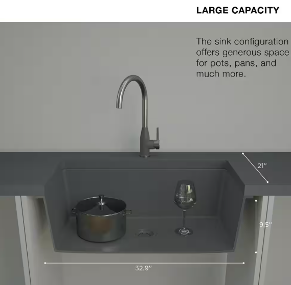 Glacier Bay Stonehaven 33 in. Farmhouse Charcoal Gray Granite Composite Single Bowl Apron Front Kitchen Sink with Matching Strainer STHVILM100LU 12