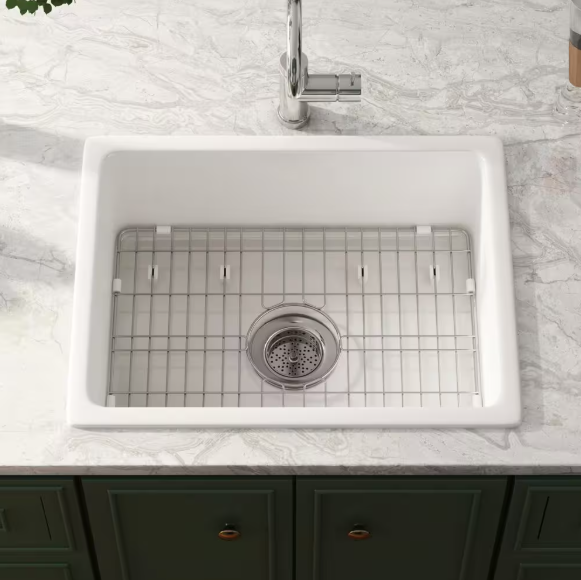 Eridanus Oslo 24 in. Drop-In/Undermount Deep Single Bowl Kitchen Sink in White Fireclay with Bottom Grid and Basket Strainer ERI-DS-162F