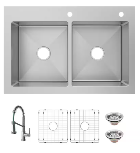 Glacier Bay Tight Radius 33 in. Drop-In 50/50 Double Bowl 18 Gauge Stainless Steel Kitchen Sink with Spring Neck Faucet VDR3322A0SA1