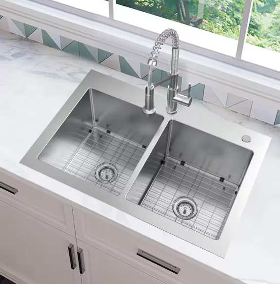 Glacier Bay Tight Radius 33 in. Drop-In 50/50 Double Bowl 18 Gauge Stainless Steel Kitchen Sink with Spring Neck Faucet VDR3322A0SA1