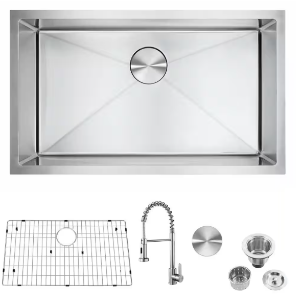 Attop- Handmade Stainless Steel 30 in. Single Bowl 18-Gauge Undermount Kitchen Sink with Pull Down Faucet