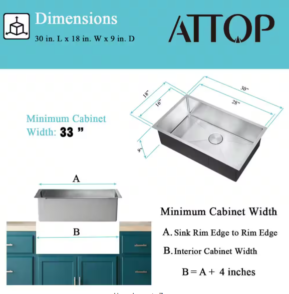Attop- Handmade Stainless Steel 30 in. Single Bowl 18-Gauge Undermount Kitchen Sink with Pull Down Faucet