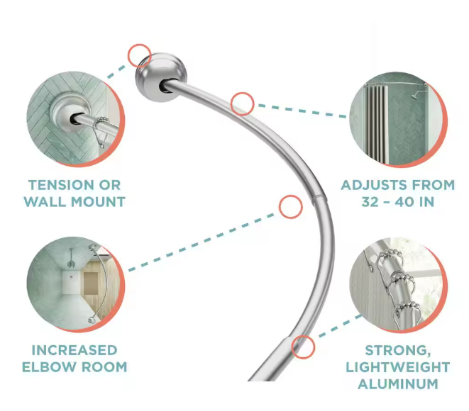 Zenna Home NeverRust Rustproof 40 in. Aluminum Dual Mount Curved Stall Shower Rod in Satin Nickel E40S2ALBN