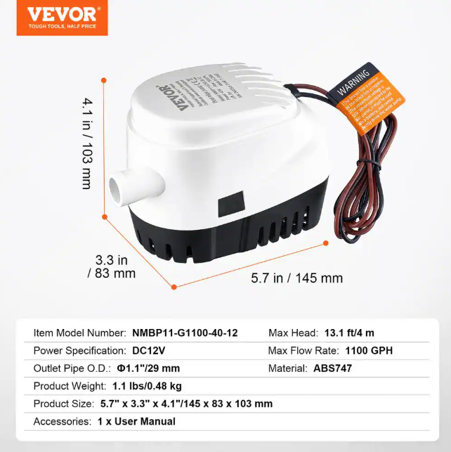 VEVOR Bilge Pump 1/7 HP 1100GPH 12-Volt Automatic Submersible Utility Pump with Float Switch 1.1 in. for Boats Ponds Pools CDB1100GPH00EVRJVV9